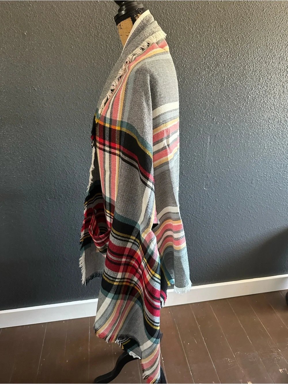 Grace & Lace Plaid Pocket Poncho Wrap Gray Red One Size